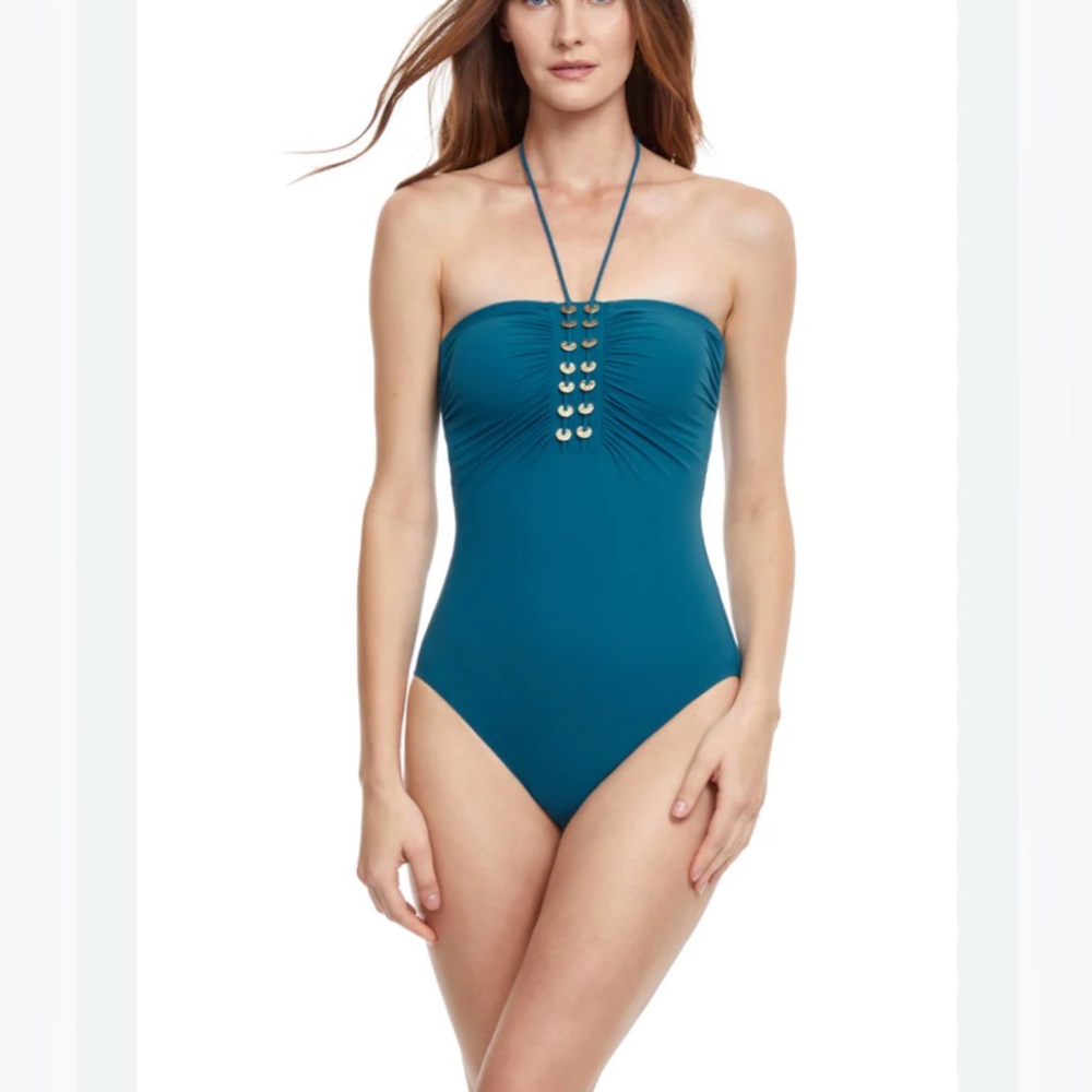 Gottex NWT women's  Bandeau Tummy control one piece teal golden touch swimsuit 8